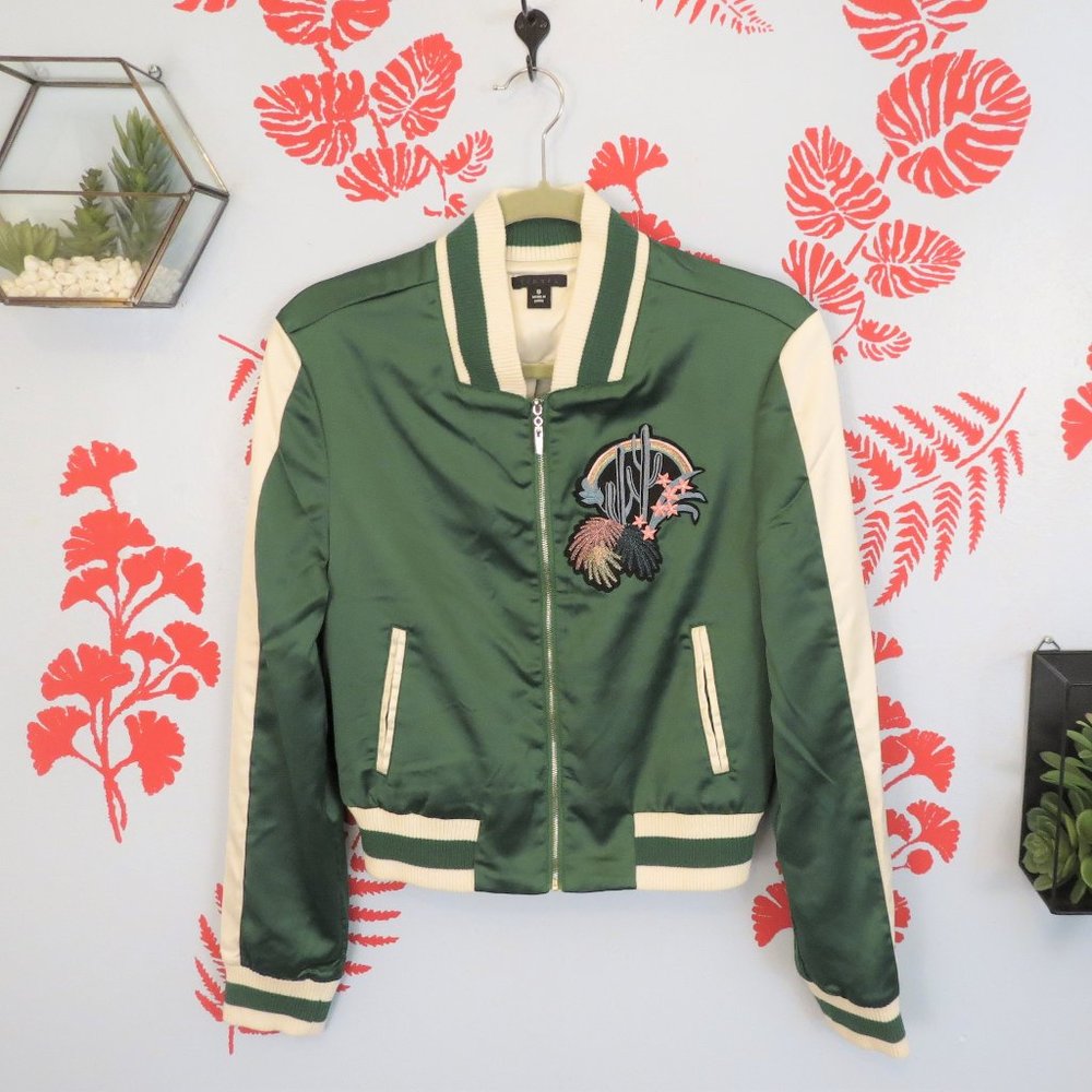 Tinsil Green Satin Varsity Bomber Jacket S - Picture 1 of 6